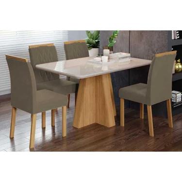 Imagem de Conjunto: Mesa de Cozinha Maitê Tampo Madeirado c/ Vidro 130x80cm e 4 Cadeiras Juliana Nature/Off White - Carvalho/Suede Joli Capuccino - Cimol