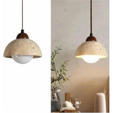 Imagem de WLHAZMWY Lâmpada pendente moderna minimalista luz pendente natural travertino amarelo cúpula pendurado globo de vidro fosco