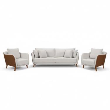 Imagem de Conjunto Sofá Living Hórus e Poltronas Tecido Composê Linho Cru e Marr