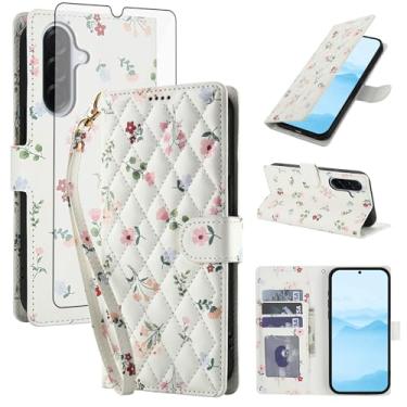 Imagem de Asuwish Capa de telefone para Samsung Galaxy A17 / A26 carteira celular com protetor de tela de vidro temperado porta-cartão de flores com suporte fino A 17 17A 26 26A SM-A17 mulheres homens flores