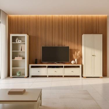 Imagem de Conjunto 3 Peças Rack 210cm, Armário e Estante Madeira Maciça Ananda Cabecasa Madeiramadeira Off White/Mel