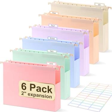 Imagem de Pastas de arquivo de plástico para pendurar tamanho carta, pacote com 6 pastas de arquivo com capacidade extra de 5 cm com abas, resistente para arquivo, arquivos de casa e escritório, cores pastel