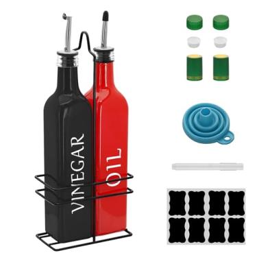 Imagem de Conjunto de dispensador de óleo e vinagre Farmhouse, 500 ml, lindo dispensador de azeite, inclui uma prateleira de aço preto e um funil, galheteiros vintage para vinagre e óleo (óleo vermelho e