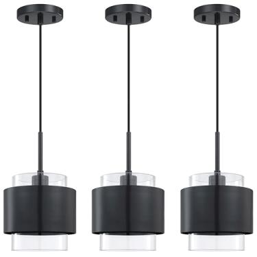 Imagem de Pacote com 3 1 luminária pendurada em ilha de cozinha interna, luminária de teto de tambor de vidro de 18 cm, acabamento cinza escuro para jantar em casa de fazenda moderna sobre a pia