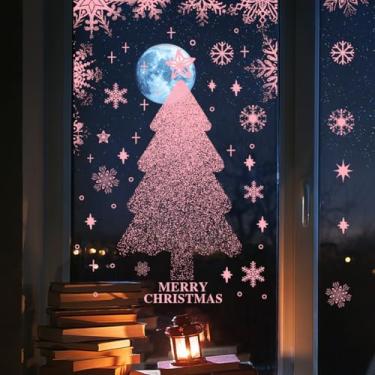 Imagem de Adesivos de janela de Natal para vidro Xmax Tree Ball Floco de neve adesivos de janela (rosa pinheiro)