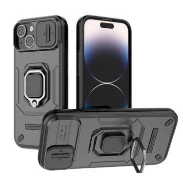 Imagem de SORAKA Capa para iPhone 15 Plus com suporte de anel e capa de câmera deslizante para iPhone 15 Plus com placa de metal para suporte magnético de carro, capa protetora de camada dupla em policarbonato