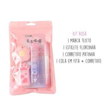 Imagem de Kit Papelaria Kawaii, Conjunto Escolar 4 em 1 com Canetas, Marca-Texto e Acessórios Decorativos, Estilo Gatinho, Cores Pastel (Rosa)