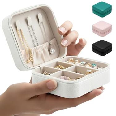 Imagem de Porta-Joias Portátil – Organizador Compacto, Estojo de Viagem, Ganchos p/Colares, Divisórias Ajustáveis, Porta-Anéis e Brincos, Fecho com Ziper, Ideal para Gaveta, Mala ou Bolsa (Branco)