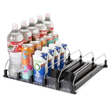 Imagem de Organizador de bebidas de 5 peças para geladeira – suporte de lata e mamadeira com mola – Armazenamento de cozinha para refrigerante, água, mamadeiras – Dispensador deslizante de bebidas (preto)