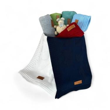 Imagem de Kit 2 Manta Cobertor Tricot Bebê Saída Maternidade Recém Nascido Lã (Branco e Azul Marinho)