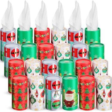 Imagem de Yexiya 24 peças de suporte de lenços de papel de carro de Natal com tecido facial cilindro de natal caixas de lenços de carro tubo redondo toalha de rosto caixa de guardanapos de férias para viagem