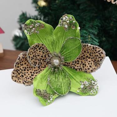 Imagem de 8 peças de flor de árvore de Natal de leopardo, flores de magnólia falsas, purpurina, poinsétias artificiais, estampa de leopardo, flor de magnólia com guirlanda de caule, ornamentos DIY para festas