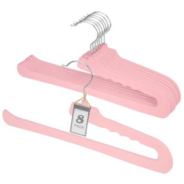 Imagem de Cabides para calças de veludo, pacote com 8 cabides de feltro antiderrapante rosa, justos e elegantes, com gancho giratório de 360°, regata para shorts, jeans, calças de terno, toalha