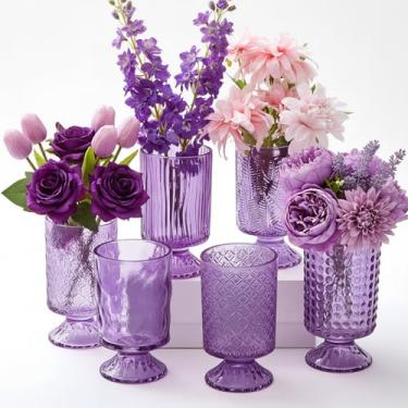 Imagem de Ninehaoou 6 peças (A: 18 cm L: 10 cm) Vaso de flores em relevo para outono com pedestal vaso de vidro grande base de cristal espesso vasos vintage para outono, casamento, decoração de casa, mesa