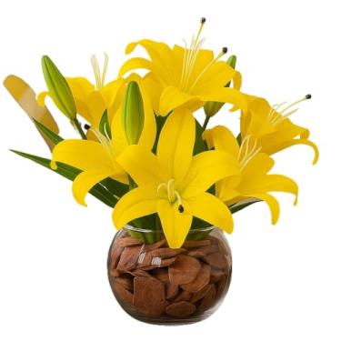 Imagem de Arranjo De Flores Artificiais Decorativas Lírios Realistas Em Vaso De Vidro Para Sala Mesa Escritório(Cor: Amarelo)