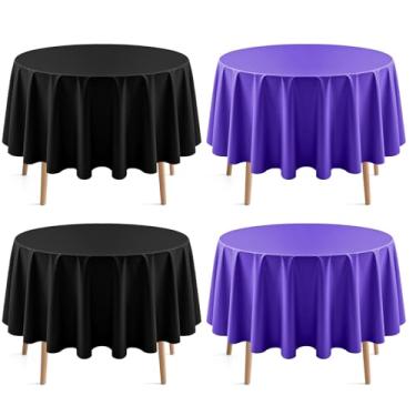 Imagem de 4 peças de toalha de mesa redonda roxa e preta, 213 cm, cor sólida, à prova d'água e à prova de derramamento, toalha de mesa de plástico descartável durável para jantar, buffet, piquenique, eventos ao