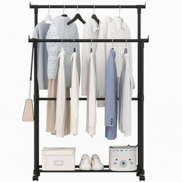 Imagem de Cabideiro Duplo Roupas Aço Regulável com Rodas e Sapateira Organizador Móvel Arara Portátil Blusas Calças Jaquetas Camisetas Vestidos Sapatos Prático Resistente Fácil Montagem