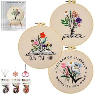 Imagem de HKLIOPU Kit de bordado de flores para iniciantes, pacote com 3 kits de ponto cruz para adultos, artesanato faça você mesmo, costura, presentes para o dia das mães