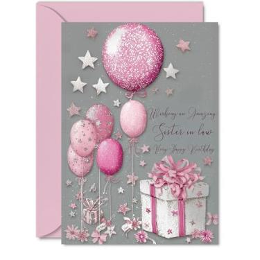 Imagem de Cartão de aniversário Silver Sister in Law - Presentes prateados e rosa - Cartão de feliz aniversário para cunhada do irmão irmão, 12,7 x 17,8 cm, cartões de aniversário brilhantes e alegres