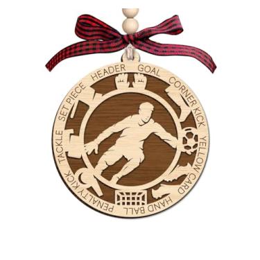 Imagem de Enfeite de madeira de menino goleiro de futebol 2 camadas - decoração de árvore de Natal - ornamento rústico de férias de fazenda - ornamento de madeira de camada dupla para goleiro masculino