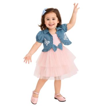 Imagem de Conjunto Infantil Vestido Rosa Casaquinho Jeans Borboletas
