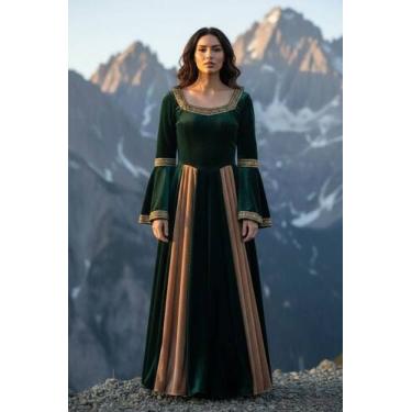 Imagem de Vestido luxuoso medieval verde com bege elfa - Princesa Urbana, P
