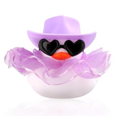 Imagem de Pato de borracha, carro pequeno, pato de borracha, ornamentos engraçados, acessórios de pato com chapéu superior, óculos de sol, saia para painel de carro, decoração de mesa de escritório (roxo)