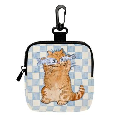 Imagem de Porta-chaves mini porta-moedas, bolsa multifuncional para chaves, moedas, fone de ouvido, batom, porta-cartões, organizador de cabos de dados, bolsa com zíper, gato com peixe azul grade verde