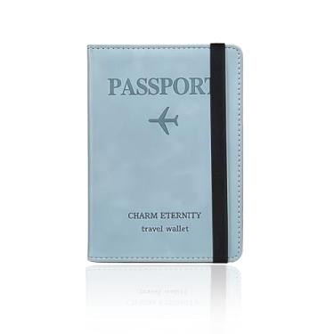 Imagem de Suporte de passaporte para viagem, carteira de passaporte com bloqueio de RFID, protetor de livro de passaporte, acessórios de viagem para mulheres e homens, Azul claro, Fecho magnético