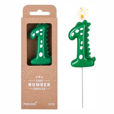 Imagem de PHD CAKE Velas de aniversário de dinossauro verde de 6 cm, 1 número, velas com número de dinossauro, velas com número de bolo, celebração de festa