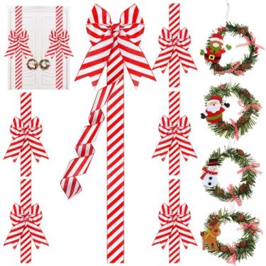 Imagem de Ysleen 6 laços de fita para armário de Natal, laços festivos de Natal grandes e 4 peças de guirlanda de pinheiro de Natal com boneco de neve, guirlanda de Natal artificial para festa de inverno