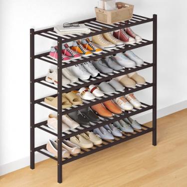 Imagem de Smiry Sapateira de bambu para armário, organizador de sapatos empilhável de madeira de 6 níveis, prateleira de armazenamento de sapatos de pé livre para entrada, entrada da porta da frente, marrom