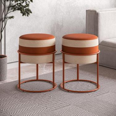 Imagem de Kit 2 Puffs Aro Redondo, Linho Bege e Couro Caramelo Sintético. - Casa