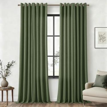 Imagem de Cortinas verdes longas de 250 cm para quarto, sala de estar, ilhós de bronze, verde-oliva escura, semitransparente, filtragem de luz, privacidade, cortinas de linho falso, 250 cm de comprimento