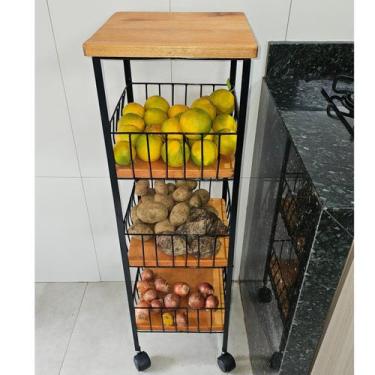 Imagem de Fruteira de Chão com Rodinhas Ferro e Madeira Maciça 3 Andares - Estil
