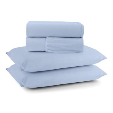 Imagem de Jogo De Lençol Minimal Casal 4 Peças Malha 100% Algodão Liso Azul