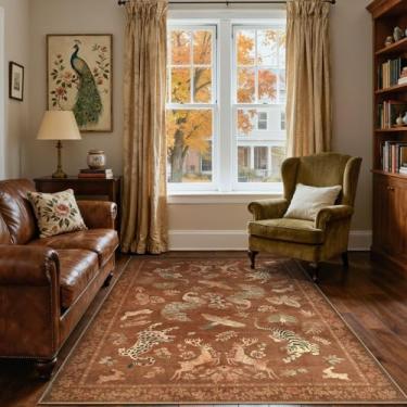 Imagem de Moynesa Tapetes de quarto laranja 12 x 18 cm, tapetes de área laváveis florais de pavão vintage para sala de estar, sala de jantar, escritório, tapetes macios antiderrapantes e repelentes de água para