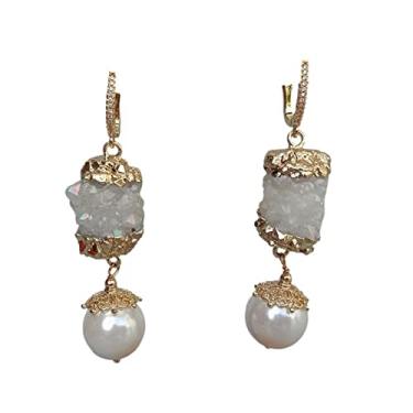 Imagem de Quartzo branco natural pedra drusa concha do mar branco brincos de gancho de pérola presente feminino 20 cm