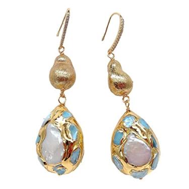 Imagem de Brincos de gancho com contas escovadas em forma de gota de pérola branca cultivada em forma de lágrima azul natural