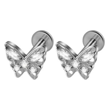 Imagem de Piercingpops 2 peças Planeta Coração Zircônia Cúbica Labret 16 g Piercing Minúsculo G23 Titânio Flat Back Cartilagem Tragus Conch Helix Climber Brincos Lip Monroe para Mulheres ou Homens (Borboleta