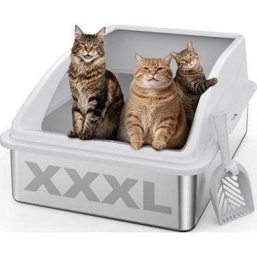 Imagem de AIPERRO Caixa de areia de aço inoxidável extragrande para gatos grandes multigatos | Caixa de metal extragrande jumbo para gatos com tampa alta, antivazamento de urina, antiaderente, inclui colher de