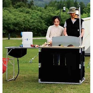 Imagem de JYXYXSCP Cozinha móvel para acampamento, mesa dobrável, fogão de campo, carro, autocondução, armário de armazenamento de viagem com moldura lateral de liga de alumínio