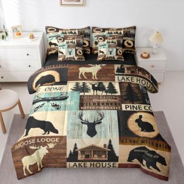 Imagem de Erosebridal Conjunto de cama solteiro rústico de casa de fazenda com 7 peças, estampa de campo, urso, veado, campo, campo, vida selvagem, para meninos e homens, retrô, marrom, azul-petróleo