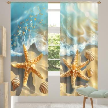 Imagem de 2 conjuntos de painéis, cortinas transparentes de estrela-do-mar, praia, mar, cortinas transparentes arejadas com filtro leve, painéis de cortina de porta e janela para sala de estar, quarto, jantar