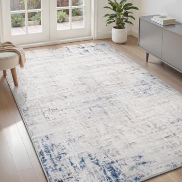 Imagem de Tapete de 7,5 x 12,7 cm, pequeno, antiderrapante, ultramacio, lavável à máquina, com pelo baixo, moderno, abstrato, para quarto, sala de estar, entrada, cozinha, cabeceira, azul/cinza