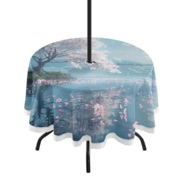 Imagem de ATTX Toalha de mesa redonda de cerejeira branca ao ar livre – 152 cm, impermeável, à prova de derramamento, uso interno/externo, com orifício para guarda-chuva com zíper para acampamento, piquenique