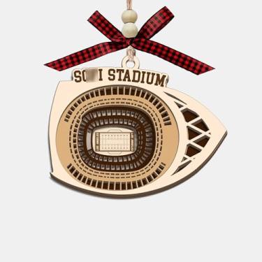 Imagem de CoCray66 Ornamento de madeira do estádio de Los Angeles, enfeite de árvore de Natal de madeira de 4 camadas de estádio de futebol com laço vermelho e contas, presente de lembrança de viagem para