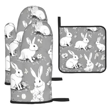 Imagem de Conjunto de cozinha essencial de 3 peças com estampa floral de coelho, luvas resistentes ao calor e alça de tampa, proteção para churrasco no forno, design de armazenamento suspenso.