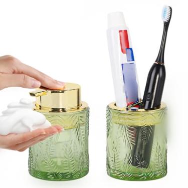 Imagem de Fvstar 2 Peças De Acessórios Vidro Para Banheiro, Conjunto Verde, Porta-Escovas Dentes E Dispensador Sabonete, Dourado Decoração Bancada Penteadeira