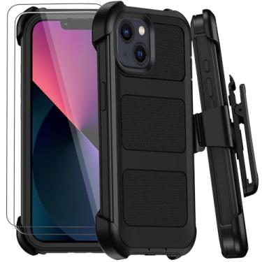 Imagem de Capa para iPhone 13 com clipe de cinto, capa protetora antiqueda à prova de choque de grau militar com 2 protetores de tela e suporte, 2 camadas de capa protetora resistente e resistente (preto)
